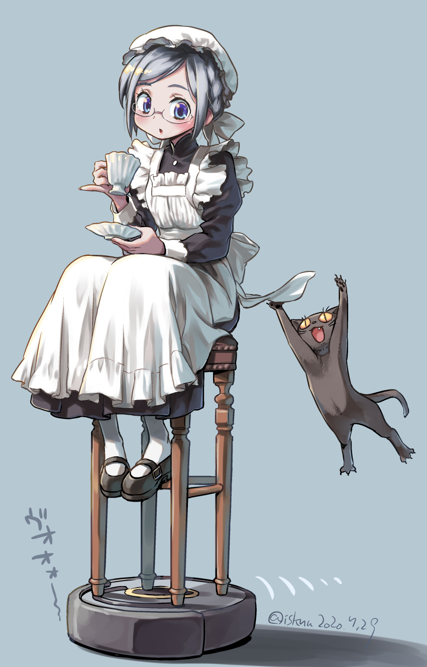 1girl absurdres apron back_bow black_cat black_dress black_footwear bow cat character_request commentary_request copyright_request cup dress frilled_apron frills full_body glasses grey_hair hat highres holding holding_cup isedaichi_ken juliet_sleeves long_sleeves maid_apron mary_janes mob_cap open_mouth puffy_sleeves purple_eyes roomba round_eyewear shoes short_hair silver_hair sitting vacuum_cleaner white_apron white_bow white_headwear