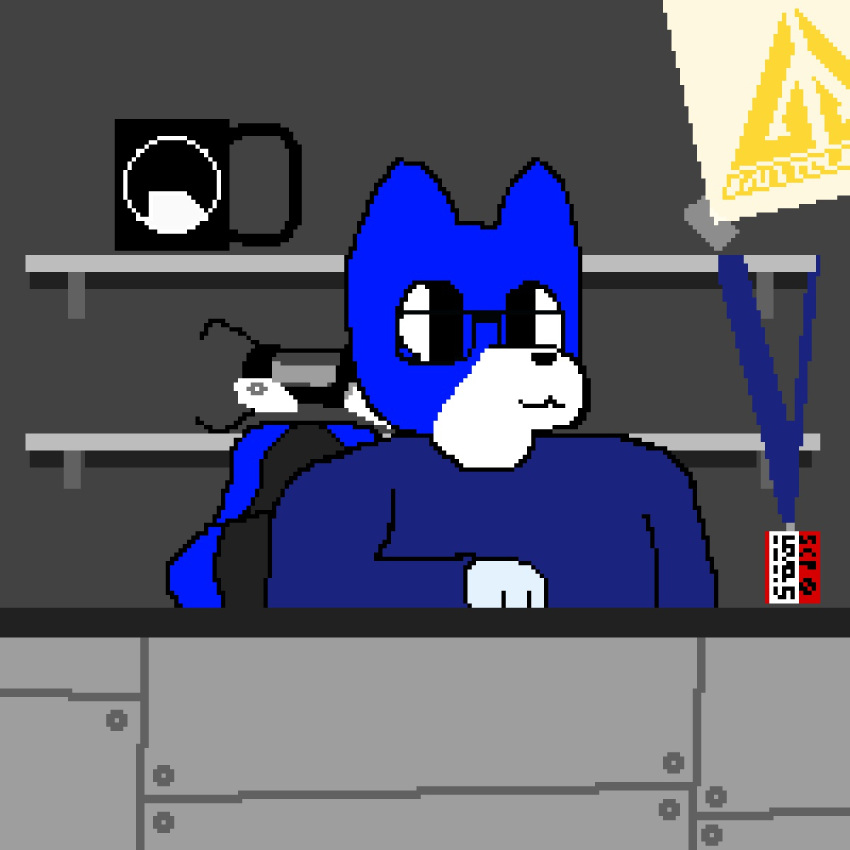 1:1 anthro black_mesa blue_body blue_clothing blue_fur blue_shirt blue_topwear canid canine canis clothing dr_nick_t_coil(drnicktcoil) drnicktcoil eyewear fur glasses half-life hi_res male mammal portal_(series) scp_foundation shirt solo store topwear valve video_games wolf