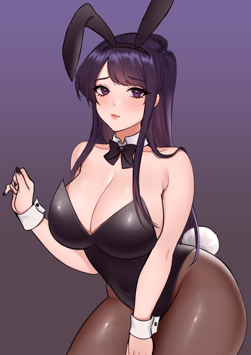 1girl absurdres animal_ears bangs bare_shoulders black_bow black_bowtie black_eyes black_hair black_hairband bow bowtie breasts brown_legwear cleavage collarbone commentary covered_navel cowboy_shot detached_collar fake_animal_ears fake_tail gradient gradient_background hairband highleg highleg_leotard highres komi-san_wa_komyushou_desu komi_shouko large_breasts leotard light_blush lips long_hair looking_at_viewer pantyhose playboy_bunny rabbit_ears rabbit_tail sideboob sidelocks simple_background solo sren244 strapless strapless_leotard tail thighs traditional_bowtie wide_hips wing_collar wrist_cuffs