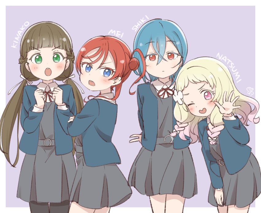 4girls absurdres bangs blonde_hair blue_eyes blue_hair blunt_bangs blush braid brown_hair character_name english_text eyebrows_visible_through_hair gradient_hair green_eyes hair_bun highres long_hair looking_at_viewer love_live! love_live!_superstar!! low_twintails multicolored_hair multiple_girls muramoh one_eye_closed onitsuka_natsumi pink_eyes pink_hair red_eyes red_hair sakurakoji_kinako school_uniform short_hair smile twin_braids twintails wakana_shiki yoneme_mei yuigaoka_school_uniform