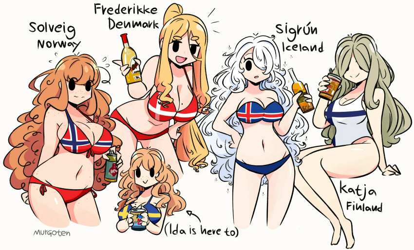 5girls arm_support arrow_(symbol) artist_name bangs bare_arms bare_legs bare_shoulders barefoot bikini blue_bikini bottle breasts brown_hair can casual_one-piece_swimsuit cleavage closed_mouth commentary cropped_legs cropped_torso curly_hair danish_flag_print eyebrows_visible_through_hair finnish_flag_bikini finnish_flag_print flying_sweatdrops freckles grey_background groin hair_over_eyes hair_over_one_eye hand_on_hip highres holding holding_bottle holding_can icelandic_flag_print large_breasts leaning_forward long_hair medium_breasts mole mole_on_breast multiple_girls murgoten navel norwegian_flag_print one-piece_swimsuit original parted_bangs ponytail red_bikini short_eyebrows signature simple_background sitting smile solid_oval_eyes swedish_flag_bikini swedish_flag_print swimsuit symbol-only_commentary thick_eyebrows very_long_hair wavy_mouth white_hair white_swimsuit