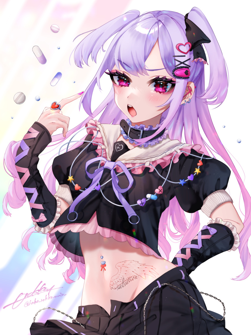 &gt;_o 1girl absurdres angry animal_collar bead_necklace beads blush chain_belt charm_(object) collar crop_top cross-laced_clothes cross-laced_gloves dress earrings elbow_gloves frilled_collar frilled_gloves frills gloves gradient_hair hair_ornament hair_ribbon hairclip hakurokku hand_on_hip highres jewelry long_hair looking_at_viewer miniskirt multicolored_hair multiple_earrings narrowed_eyes navel navel_piercing neck_ribbon necklace o-ring one_eye_closed open_clothes original piercing pill pink_eyes pink_hair pleated_skirt pointing pointing_at_self puffy_short_sleeves puffy_sleeves purple_dress ribbon ring sailor_collar short_sleeves short_twintails signature skirt solo stomach_tattoo tattoo twintails two-tone_hair unbuttoned_skirt v-shaped_eyebrows wavy_eyes wing_tattoo
