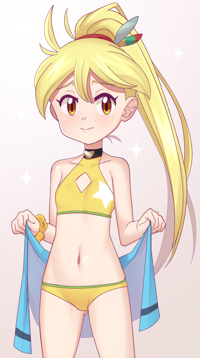 1girl bangs blonde_hair breasts brown_eyes closed_mouth collarbone commentary_request cowboy_shot diamond_cutout eyelashes gazing_eye hair_ornament highres holding holding_towel long_hair looking_at_viewer navel pokemon pokemon_adventures ponytail raised_eyebrows sparkle split_mouth swimsuit towel yellow_(pokemon) yellow_swimsuit