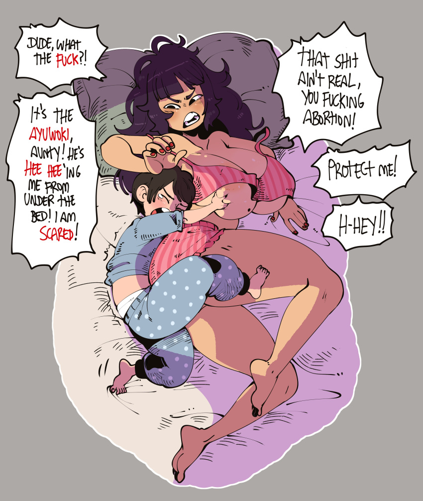 1boy 1girl absurdres age_difference annoyed aunt_and_nephew breast_grab commentary english_text feet grabbing hetero highres long_hair nail_polish nuclear_wasabi on_bed onee-shota original pajamas pillow simple_background thick_eyebrows thick_thighs thighs wavy_hair