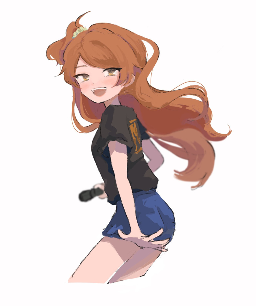 1girl :d black_shirt blue_shorts cropped_legs floating_hair highres holding holding_microphone idolmaster idolmaster_million_live! looking_at_viewer looking_back microphone one_side_up oogami_tamaki orange_hair shirt shorts simple_background smile solo to_finally white_background