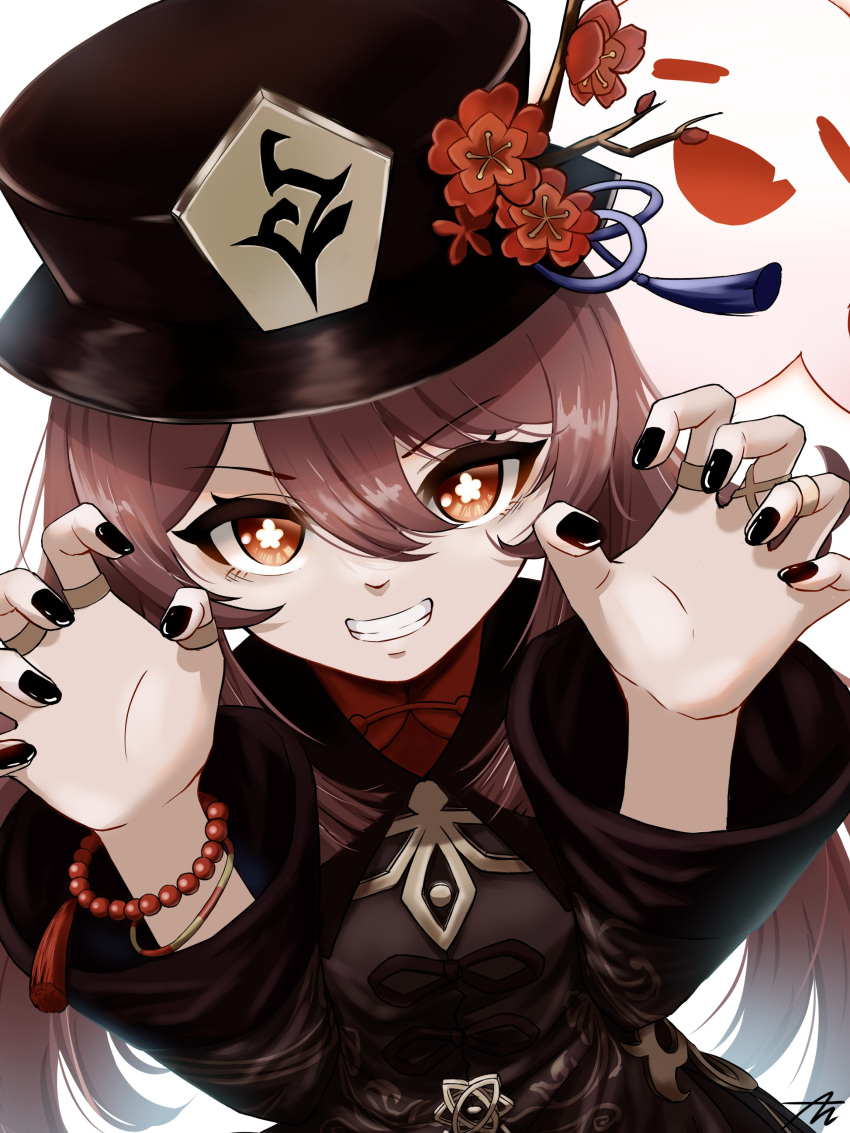 1girl :d absurdres ai_(u_e_o_o) bangs bead_bracelet beads black_nails bracelet brown_hair chinese_clothes commentary_request eyebrows_visible_through_hair flower genshin_impact ghost ghost_pose grin hair_between_eyes hat hat_flower hat_ornament highres hu_tao_(genshin_impact) jewelry long_hair long_sleeves looking_at_viewer orange_eyes ring sidelocks signature simple_background smile symbol-shaped_pupils twintails white_background