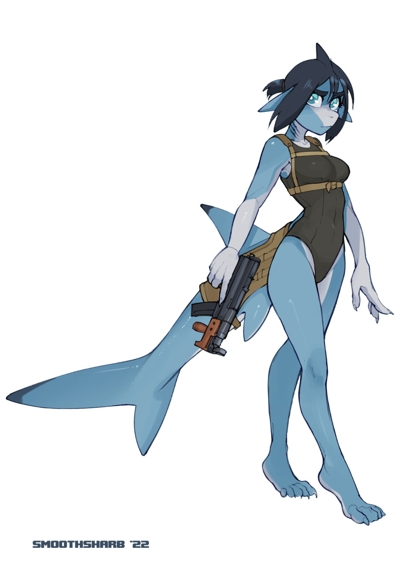 2022 5_toes absurd_res anthro barefoot black_clothing black_hair black_swimwear blue_body breasts claws clothing countershade_feet countershading eyebrows feet female fish glistening glistening_body grey_body gun hair hi_res looking_at_viewer marine mp5 mp5k one-piece_swimsuit plantigrade pupils ranged_weapon shark smoothsharb solo submachine_gun swimwear teal_eyes toes trigger_discipline weapon white_pupils
