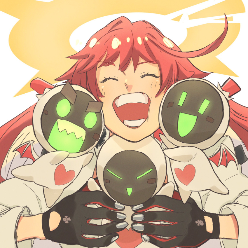 1girl :d black_gloves cheek_press closed_eyes gloves guilty_gear guilty_gear_strive halo highres holding jack-o'_valentine knight_servant light_blush long_sleeves luci_omi_gusu multicolored_hair nails_visible_through_gloves open_mouth portrait red_hair smile teeth two-tone_hair white_hair
