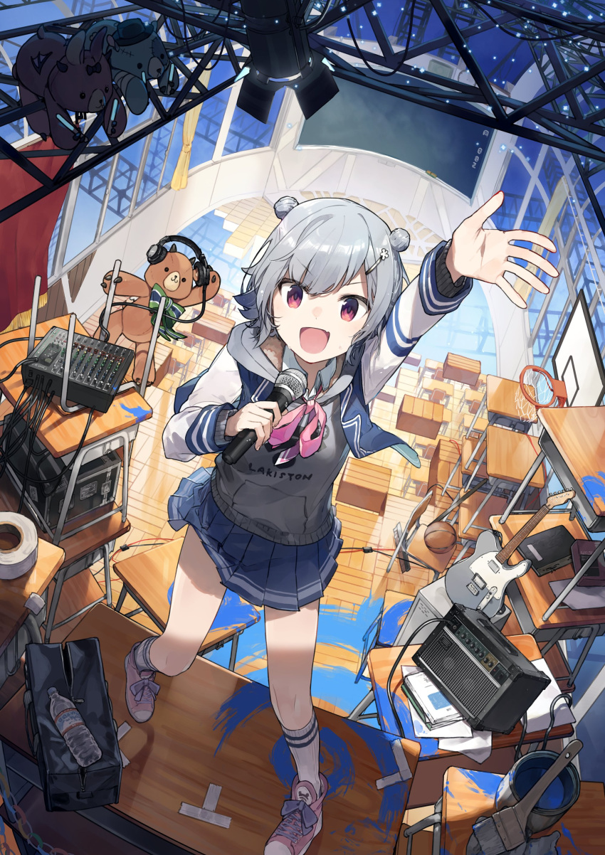 1girl absurdres amplifier arm_up bag bangs basket basketball_hoop blue_skirt bottle broom cable cevio chair collared_shirt curtains double_bun full_body glowstick grey_hair grey_hoodie guitar hair_ornament hairclip headphones highres holding holding_microphone hood hoodie instrument jacket koharu_rikka long_sleeves looking_at_viewer microphone notebook open_clothes open_jacket open_mouth paint_can paint_splatter paintbrush pleated_skirt purple_eyes school_bag school_chair second-party_source shirt shoes short_hair skirt smile sneakers socks solo soundboard stage_lights standing stuffed_animal stuffed_toy synthesizer_v table tape teddy_bear teshima_nari water_bottle white_shirt window