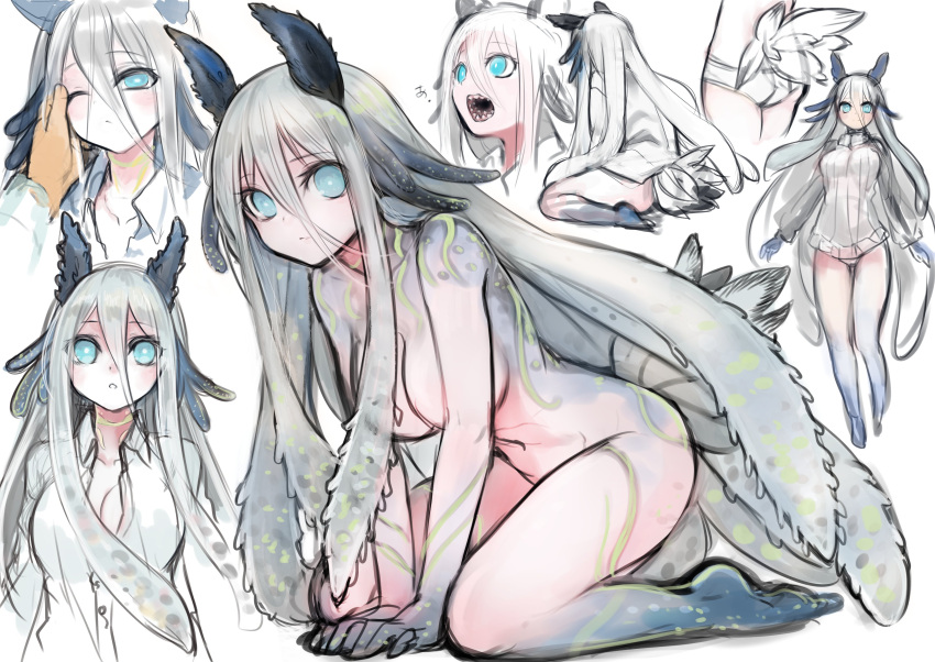 1girl absurdres all_fours animal_ears barefoot blue_eyes blush bright_pupils closed_mouth colored_skin extra_teeth gradient_skin grey_hair grey_skin highres horns komota_(kanyou_shoujo) long_hair looking_at_viewer monster_girl multiple_views one_eye_closed open_mouth original parted_lips petting sea_slug sea_slug_girl sharp_teeth shirt solo_focus spiked_horns tail teeth tentacle_hair white_pupils white_shirt