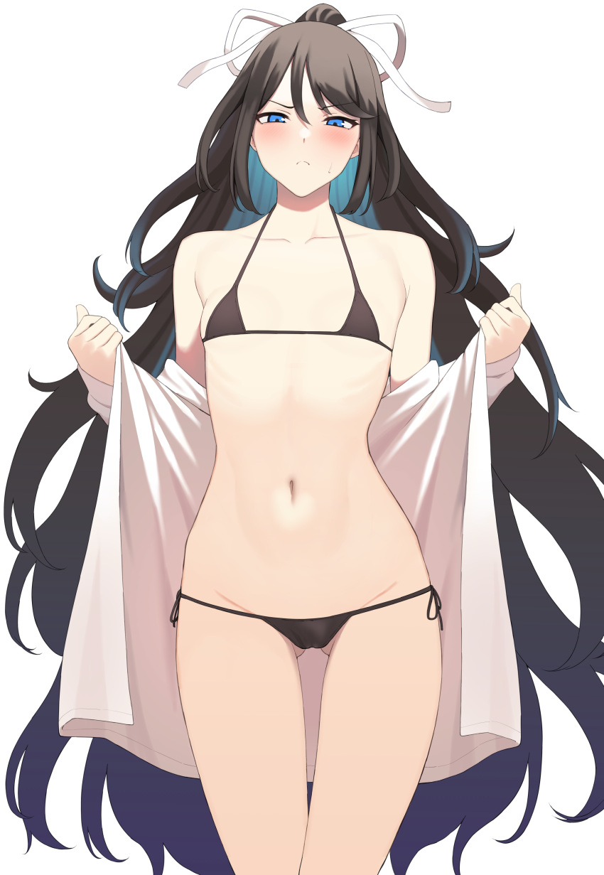 1girl absurdres ass_visible_through_thighs bikini black_bikini black_hair blue_eyes blush closed_mouth collarbone commentary_request cowboy_shot eyebrows_visible_through_hair flat_chest groin hair_between_eyes hair_ribbon hands_up highres kantai_collection katsuragi_(kancolle) long_hair looking_at_viewer navel ponytail ribbon side-tie_bikini simple_background solo standing stomach swimsuit takaman_(gaffe) very_long_hair white_background white_ribbon