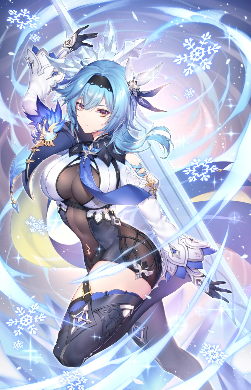1girl absurdres arm_up asymmetrical_hair bangs black_hairband blue_hair blue_necktie breasts closed_mouth covered_navel crystal_sword eula_(genshin_impact) floating floating_hair floating_object floating_sword floating_weapon genshin_impact gloves hair_ornament hairband highres ice large_breasts leotard medium_hair nasaniliu necktie open_hands revision snowflakes solo sword thighhighs thighs vision_(genshin_impact) weapon wind yellow_eyes