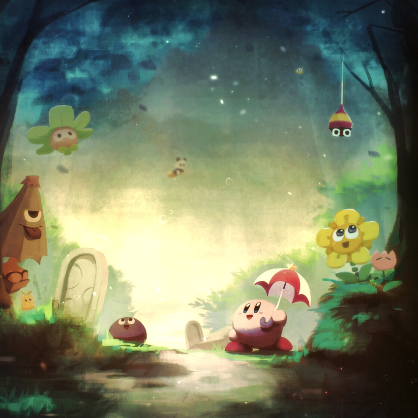 broom broom_riding character_request creature day flower flying gooey_(kirby) grass highres kirby kirby_(series) open_mouth rock sky star_(symbol) stone suyasuyabi tongue tongue_out tree umbrella