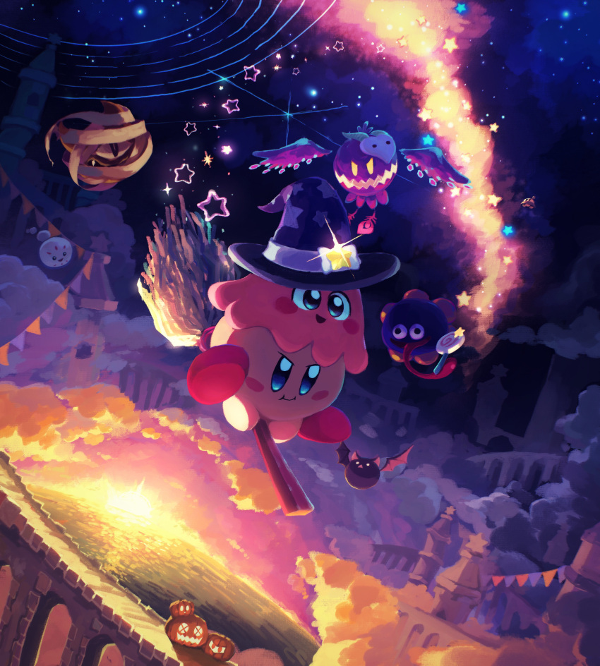 absurdres bandages bridge broom broom_riding candy castle character_request cloud cloudy_sky flag flying food gooey_(kirby) happy hat highres kirby kirby_(series) lollipop monster night night_sky open_mouth outdoors pumpkin scenery sky smile star_(sky) star_(symbol) starry_sky sunset suyasuyabi tongue tongue_out witch_hat