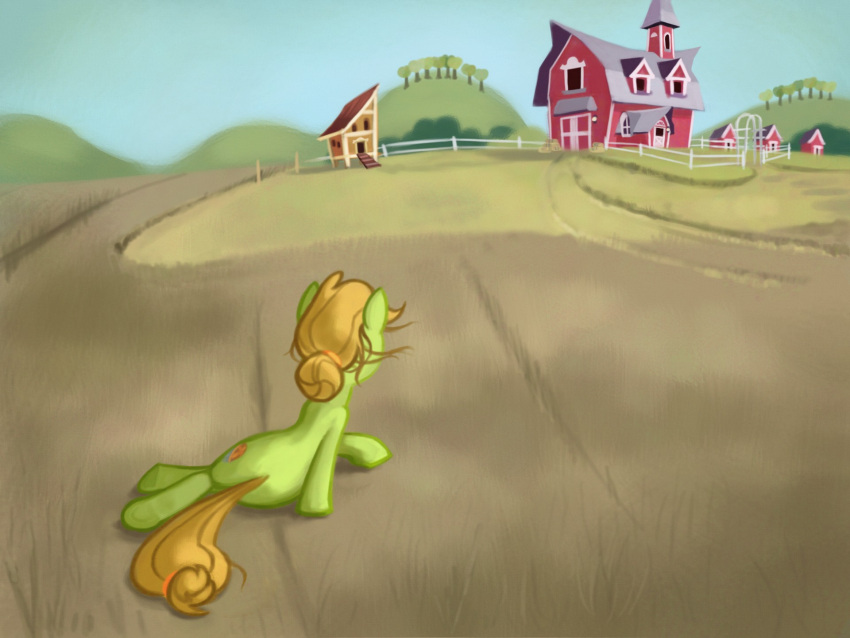 accessory blonde_hair chicken_coop day detailed_background durger earth_pony equid equine farm female feral field friendship_is_magic granny_smith_(mlp) green_body hair hair_accessory hairband hi_res hill horse inspired_by_formal_art looking_away mammal my_little_pony outside pony rear_view sitting solo sweet_apple_acres