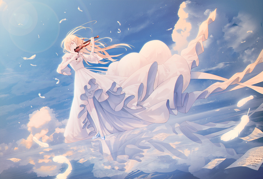 1girl blonde_hair blue_eyes closed_eyes cloud dress feathers holding holding_instrument instrument long_hair miyazono_kawori music playing_instrument shigatsu_wa_kimi_no_uso sky smile solo violin white_dress yuyo_(i_iuyo)