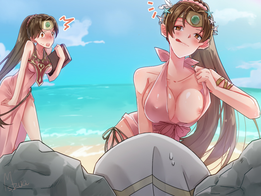 bangs bare_shoulders beach bikini blush book breasts brown_hair fire_emblem fire_emblem:_new_mystery_of_the_emblem fire_emblem:_shadow_dragon_and_the_blade_of_light fire_emblem_heroes flashing genderswap genderswap_(mtf) holding holding_book kiran_(fire_emblem) large_breasts licking_lips linde_(fire_emblem) long_hair looking_at_viewer nipples official_alternate_costume omizu_(mimisyumikan) open_mouth outdoors pink_bikini ponytail rock swimsuit tongue tongue_out xane_(fire_emblem)