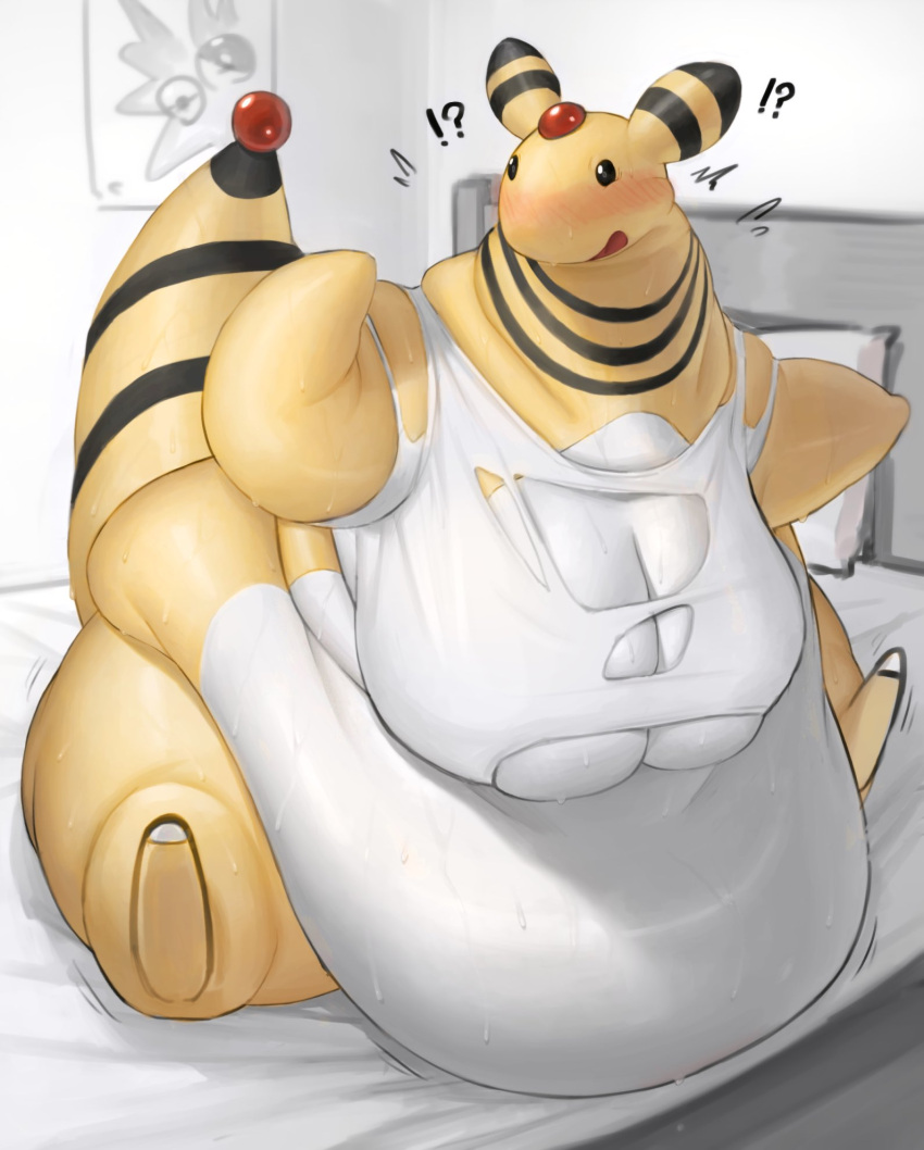 2021 ?! ampharos anthro anthrofied bed belly belly_overhang bellylliumu big_belly big_breasts black_sclera black_stripes blush bodily_fluids breasts clothing countershade_belly countershade_torso countershading digital_media_(artwork) dripping emanata fat_rolls female flash_emanata flippers forehead_gem furniture gem glistening glistening_body hi_res huge_breasts hyper hyper_belly looking_at_self love_handles morbidly_obese morbidly_obese_anthro morbidly_obese_female motion_lines multicolored_body nintendo obese obese_anthro obese_female on_bed open_mouth overweight overweight_anthro overweight_female pillow pok&eacute;ball pok&eacute;mon pok&eacute;mon_(species) pok&eacute;morph poster raised_arm raised_tail red_gem shaded sheet_(disambiguation) shirt sitting sitting_on_bed solo stripes surprise sweat tail_gem tank_top tearing_clothing thick_arms thick_neck thick_tail thick_thighs three-quarter_view topwear torn_clothing torn_topwear two-tone_body video_games white_body white_clothing white_countershading white_shirt white_tank_top white_topwear yellow_body