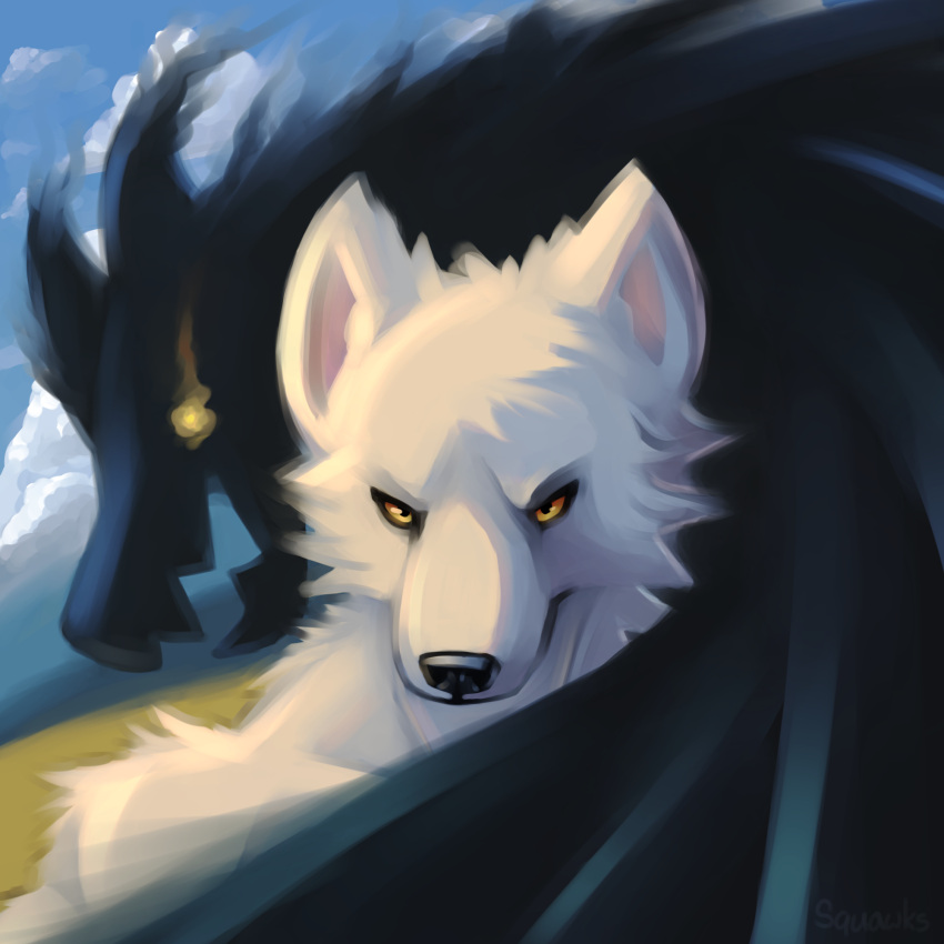 1:1 2022 ambiguous_gender anthro black_nose bust_portrait canid canine canis colored digital_media_(artwork) duo fur glowing glowing_eyes hi_res jagged_mouth looking_at_viewer male mammal outside portrait shadow shadow_creature squawks white_body white_fur wolf yellow_eyes