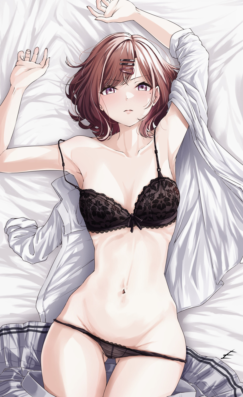 1girl absurdres bangs bare_shoulders bed_sheet black_bra black_panties black_underwear bra breasts brown_hair collarbone commentary_request end_mha hair_ornament hairclip hands_up highres higuchi_madoka idolmaster idolmaster_shiny_colors looking_at_viewer lying medium_breasts mole mole_under_eye navel on_back on_bed open_clothes open_shirt panties purple_eyes short_hair skirt skirt_removed solo sweatshirt swept_bangs underwear