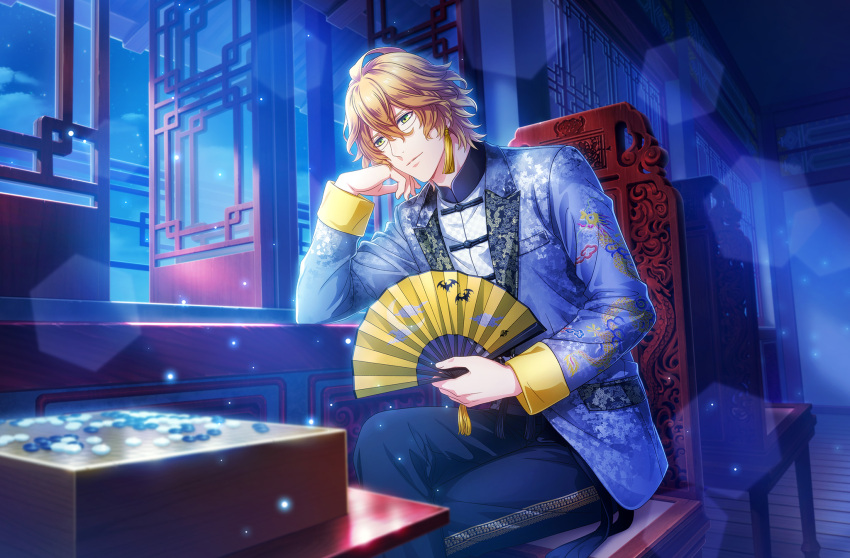 1boy architecture black_pants blonde_hair board_game chair checkered_clothes chinese_clothes crossed_legs dragon_print earrings east_asian_architecture elbow_rest feet_out_of_frame game_cg glasses go_(board_game) green_eyes grey_jacket hair_between_eyes hand_fan head_rest highres holding holding_fan indoors jacket jewelry lens_flare light_particles light_smile looking_afar looking_to_the_side night official_art open_window pants patterned_clothing shinomiya_natsuki shirt short_hair sitting table tangzhuang tassel tassel_earrings third-party_source uta_no_prince-sama uta_no_prince-sama:_shining_live white_shirt window