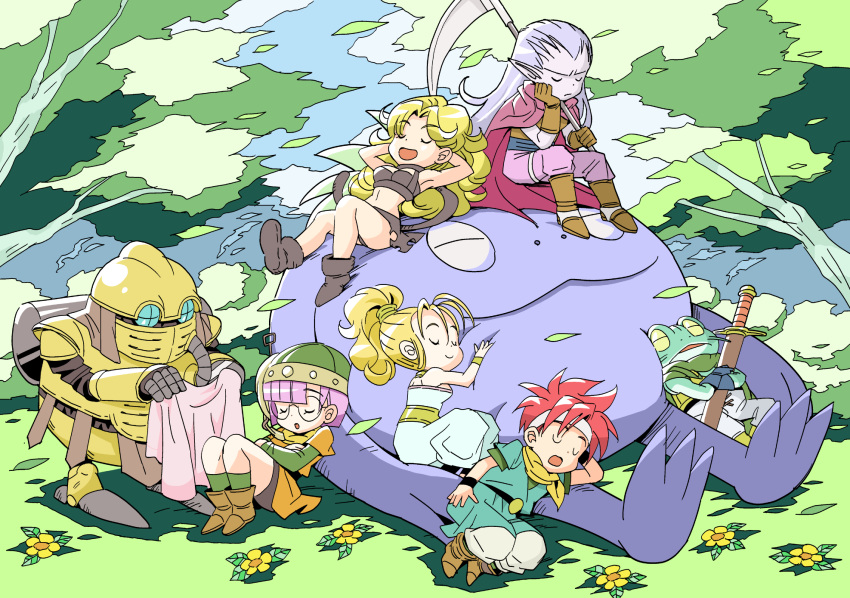 3girls ayla_(chrono_trigger) belt bike_shorts blonde_hair breasts chibi chrono_trigger closed_mouth crono_(chrono_trigger) curly_hair frog_(chrono_trigger) full_body glasses headband helmet highres jewelry long_hair lucca_ashtear magus_(chrono_trigger) mai_iwaizumi marle_(chrono_trigger) medium_hair multiple_boys multiple_girls nu ponytail purple_hair red_hair robo_(chrono_trigger) robot scarf short_hair sleeping smile spiked_hair sword weapon