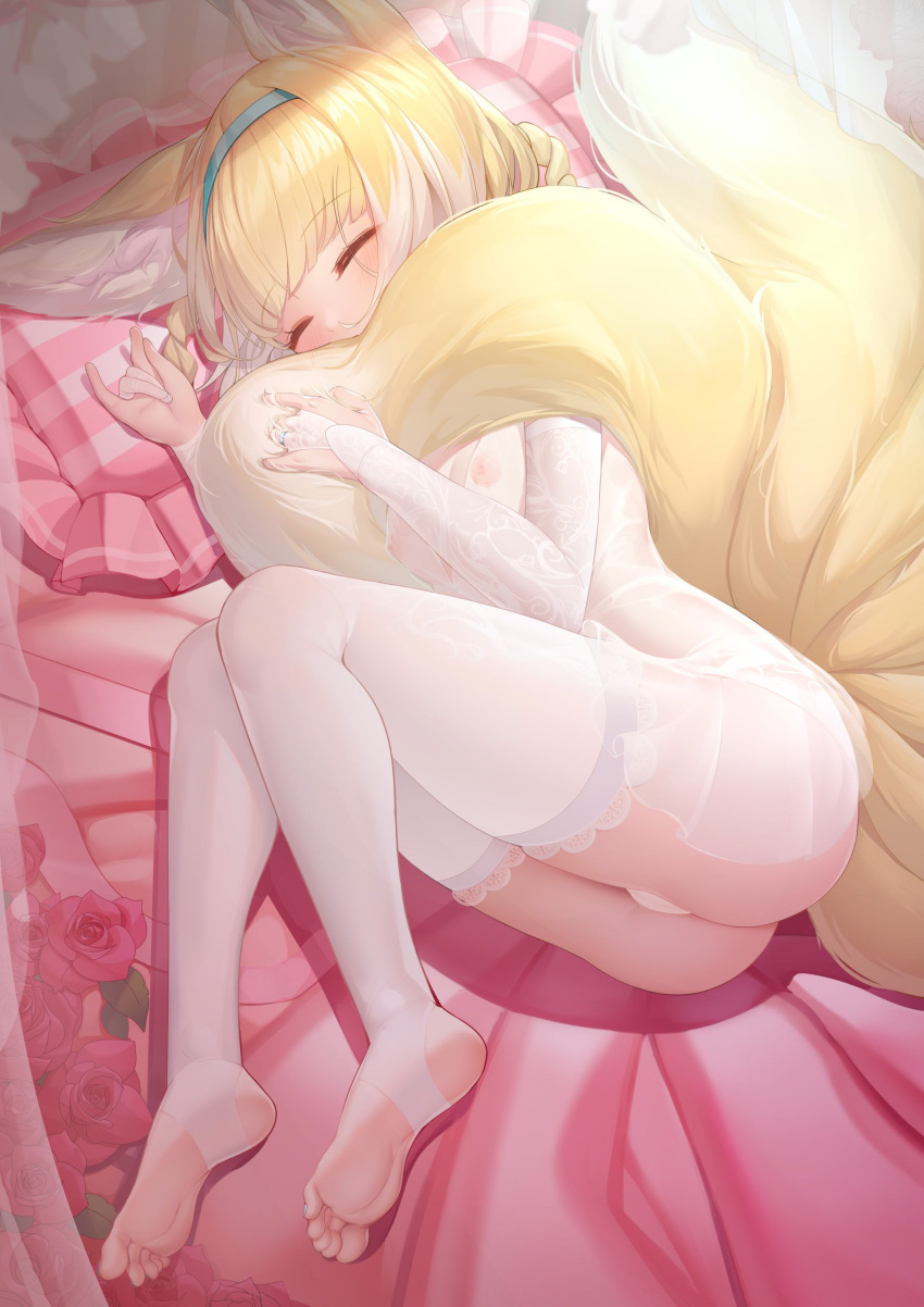 1girl absurdres animal_ear_fluff animal_ears aqua_hairband arknights blue_hairband cross-section feet fox_ears fox_girl fox_tail hairband highres kyuubi legs multiple_tails nipples no_bra panties pantyhose see-through sleeping smlltb soles suzuran_(arknights) tail thighs toes underwear white_legwear white_panties