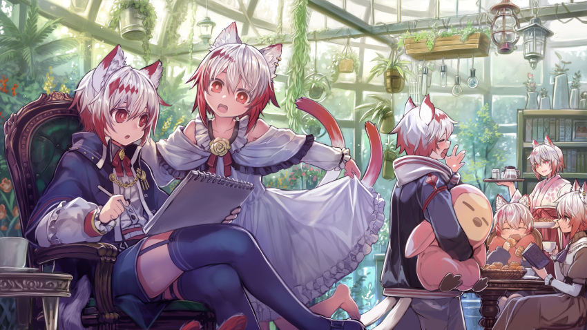 2boys 4girls :d animal_ears armchair blue_capelet blue_legwear blue_shorts blush capelet cat_ears cat_tail chair child closed_eyes coffee_pot crossed_legs cup dress eating flower garter_straps gradient_hair greenhouse hakama hakama_skirt head_tilt highres holding holding_pen holding_pillow indoors japanese_clothes komota_(kanyou_shoujo) lantern medium_hair multicolored_hair multiple_boys multiple_girls neck_flower neck_ribbon notebook open_mouth original pen pillow plant potted_plant red_eyes red_hair red_hakama red_ribbon ribbon rose shorts sitting skirt skirt_hold smile stool stuffed_animal stuffed_penguin stuffed_toy tail teacup tears thighhighs two-tone_hair white_dress white_hair wide-eyed yawning yellow_flower yellow_rose