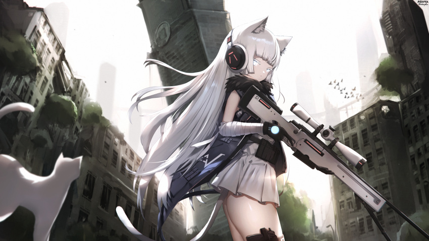 1girl absurdres ai_arctic_warfare animal animal_ear_fluff animal_ears awp_(girls'_frontline)_(nekoya_(liu)) bandaged_arm bandages bird black_gloves blue_eyes bolt_action building cat cat_ears cat_girl cat_tail closed_mouth colored_eyelashes commentary commission dress english_commentary girls'_frontline gloves gun headphones highres holding holding_gun holding_weapon long_hair looking_at_viewer nekoya_(liu) original overgrown pleated_dress revision rifle ruins skyscraper sleeveless sleeveless_dress sniper_rifle sniper_scope solo standing tail trigger_discipline very_long_hair weapon white_cat white_dress white_hair