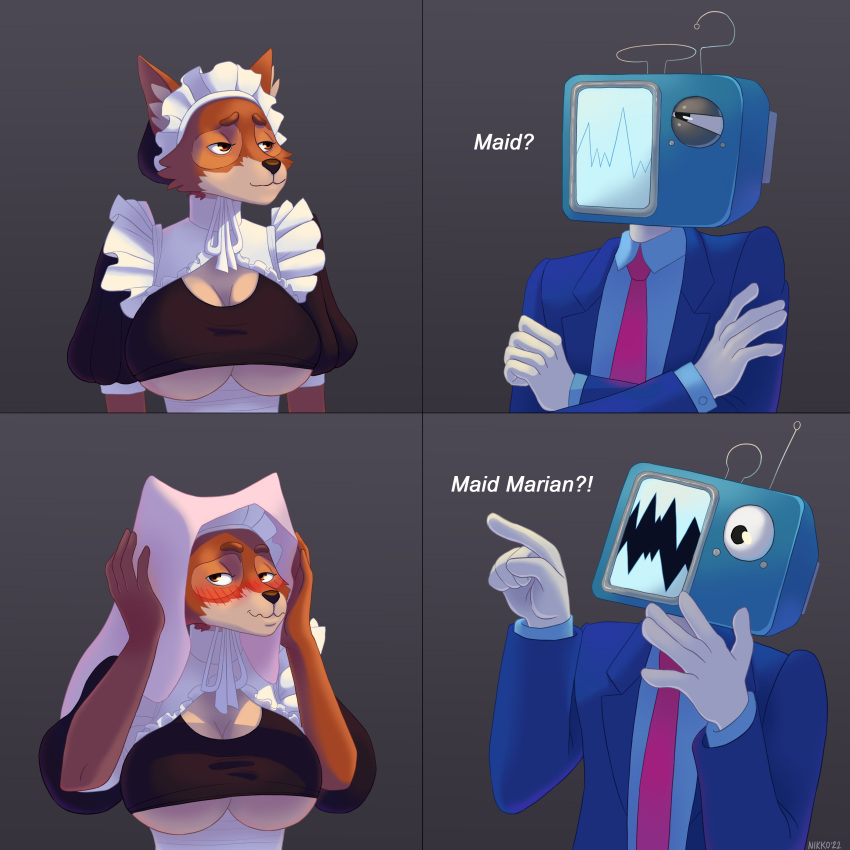 4_panel_comic absurd_res anthro big_breasts blush breasts canid canine clothing disney duo female for_a_head fox headgear headwear hi_res kelnich maid_headdress maid_marian maid_uniform male male/female mammal meme multicolored_body narrowed_eyes necktie nikkosha object_head open_mouth perry_the_platypus red_necktie robin_hood_(disney) screen screen_face screen_head squint suit surprised_expression television text tv_head two_tone_body under_boob uniform