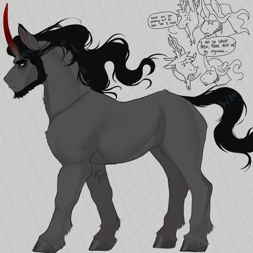 antlers beard black_mane black_tail chimera discord_(mlp) draconequus equid equine eyebrows facial_hair feral friendship_is_magic fur ghoulhowls grey_body grey_fur hasbro hi_res hooves horn inner_ear_fluff king_sombra_(mlp) male mammal mane my_little_pony red_eyes thick_eyebrows tuft unicorn