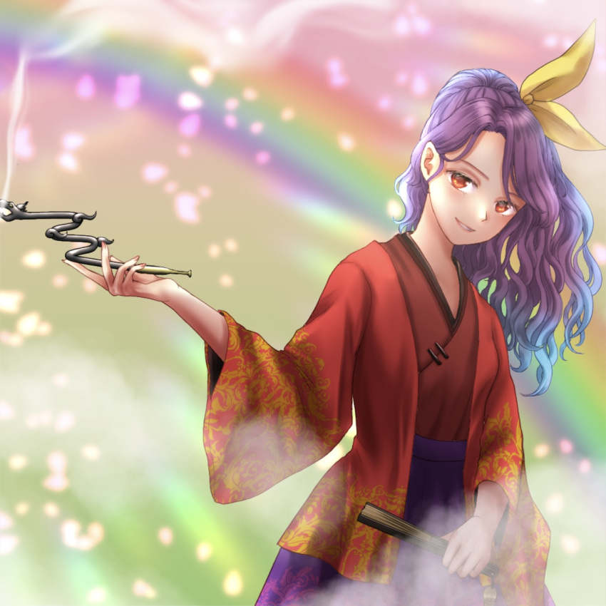 1girl blurry closed_fan flat_chest folding_fan hair_ribbon hand_fan head_tilt highres holding holding_fan japanese_clothes kimono kiseru komakusa_sannyo kyabekko light_smile long_hair looking_at_viewer parted_lips pipe ponytail purple_hair rainbow ribbon sash sleeves_past_elbows solo teeth touhou wide_sleeves