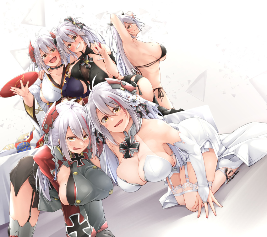 5girls :p all_fours antenna_hair armpits arms_behind_head azur_lane bikini black_bikini black_choker black_dress black_garter_straps blush breasts bridal_gauntlets bridal_veil choker clothing_cutout cross cup dress drunk eyebrows_visible_through_hair from_side gloves grey_gloves harem headgear highres iron_cross japanese_clothes kimono long_hair looking_at_viewer mole mole_on_breast multicolored_clothes multicolored_hair multicolored_kimono multiple_girls official_alternate_costume open_mouth oriue_wato prinz_eugen_(azur_lane) prinz_eugen_(cordial_cornflower)_(azur_lane) prinz_eugen_(profusion_of_flowers)_(azur_lane) prinz_eugen_(symphonic_fate)_(azur_lane) prinz_eugen_(unfading_smile)_(azur_lane) red_hair sakazuki see-through shoulder_cutout side-tie_bikini sideboob silver_hair simple_background sleeveless sleeveless_dress streaked_hair swimsuit tongue tongue_out two-tone_hair v_arms veil wedding_dress white_background white_dress