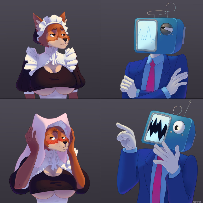 4_panel_comic absurd_res anthro big_breasts blush breasts canid canine clothing disney duo female for_a_head fox headgear headwear hi_res kelnich maid_headdress maid_marian maid_uniform male male/female mammal meme multicolored_body narrowed_eyes necktie nikkosha object_head open_mouth perry_the_platypus red_necktie robin_hood_(disney) screen screen_face screen_head squint suit surprised_expression television tv_head two_tone_body under_boob uniform