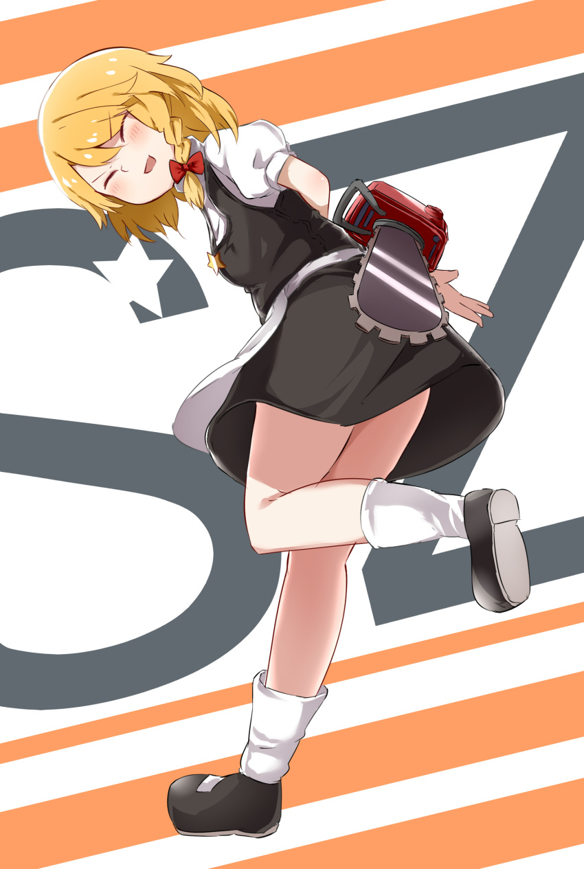 1girl arms_behind_back bangs black_footwear black_skirt black_vest blonde_hair blush bow braid breasts chainsaw character_name closed_eyes commentary_request cookie_(touhou) eyebrows_visible_through_hair full_body hair_bow highres holding holding_chainsaw kirisame_marisa leaning_forward long_hair medium_breasts open_mouth puffy_short_sleeves puffy_sleeves red_bow shirt shoes short_sleeves side_braid single_braid skirt smile socks solo standing standing_on_one_leg star_(symbol) suzu_(cookie) touhou vest white_legwear white_shirt yumekamaborosh