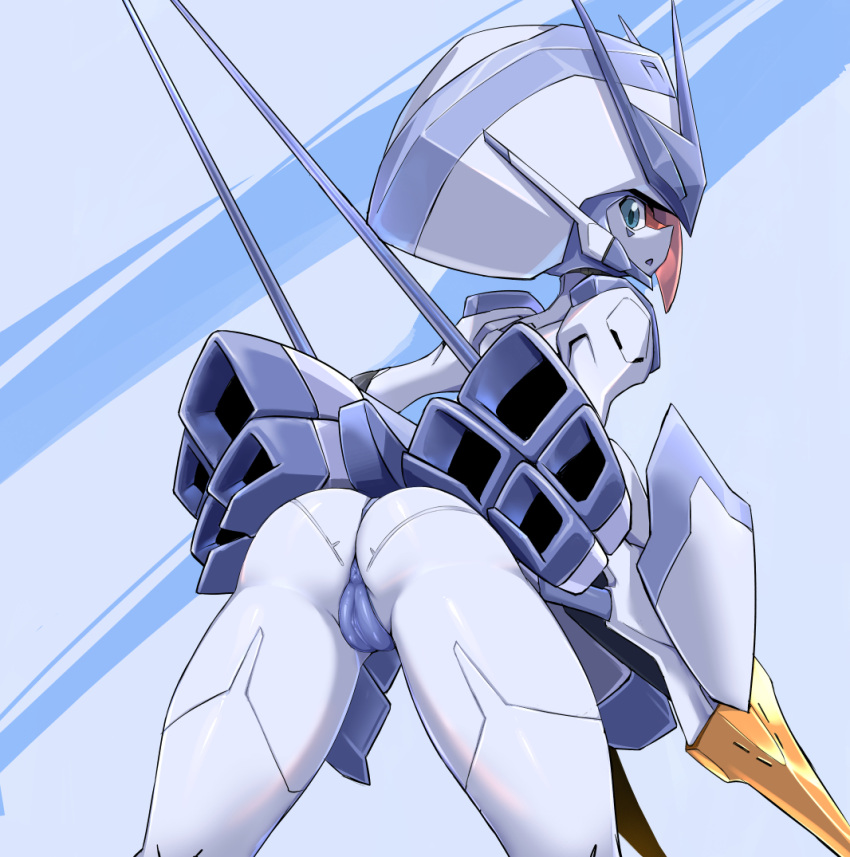 1girl ass bent_over bikini blue_bikini cameltoe colored_skin covered_anus darling_in_the_franxx delphinium_(darling_in_the_franxx) from_behind green_eyes hat looking_at_viewer looking_back parted_lips pochincoff robot sideways_glance solo swimsuit thong white_skin