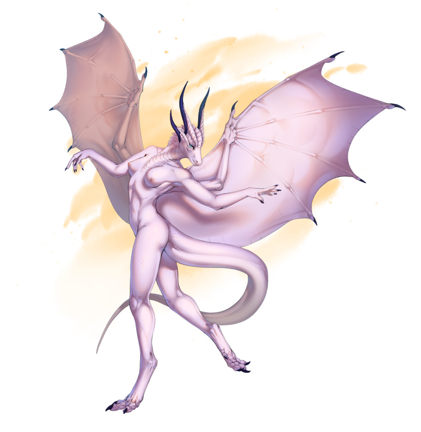 anthro breasts dancing dragon female graceful hi_res horn ishimaurell looking_at_viewer membrane_(anatomy) membranous_wings nipples nude pink_body pink_skin scalie shaded silk simple_background smile solo wings