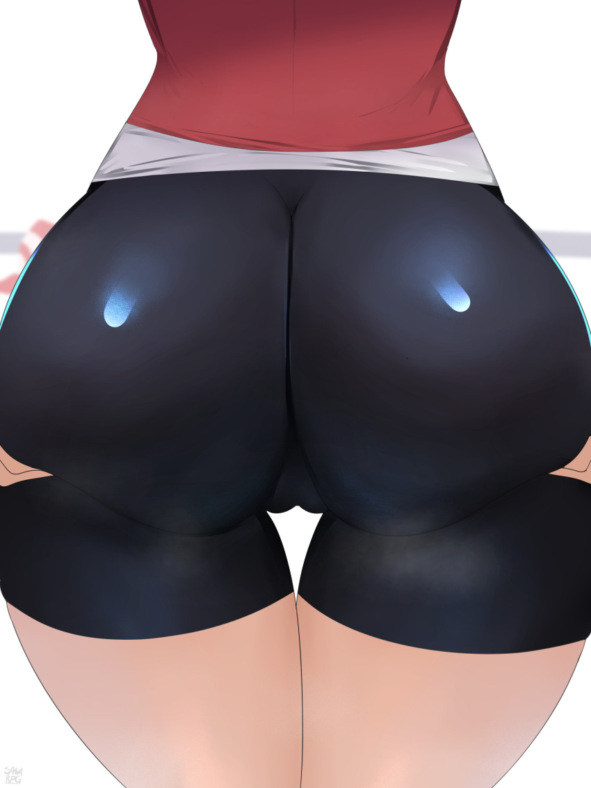 1girl ass ass_focus ass_grab bike_shorts black_shorts cameltoe close-up grabbing_own_ass highres lower_body may_(pokemon) pokemon pokemon_(game) pokemon_rse red_shirt sana!rpg shirt shorts solo thigh_gap thighs tight