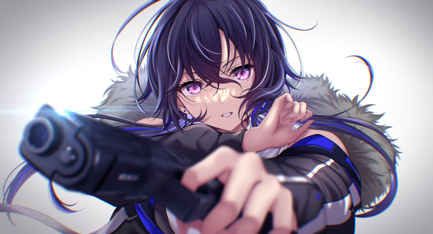 1girl aiming_at_viewer bare_shoulders black_hair blue_hair blurry blurry_foreground depth_of_field earrings fur_trim gun highres holding holding_gun holding_weapon ichinose_uruha jewelry lens_flare long_hair looking_at_viewer lupinus_virtual_games multicolored_hair parted_lips purple_eyes rairaisuruyo simple_background solo two-tone_hair upper_body vspo! weapon white_background