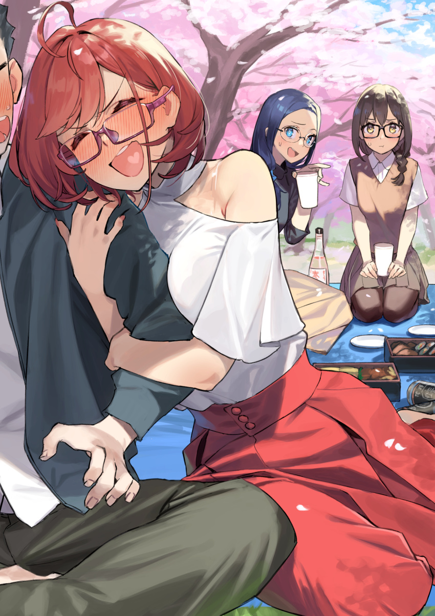 1boy 3girls 92m absurdres ahoge bare_shoulders blue_hair blush bottle braid brother_and_sister brown_hair cherry_blossoms commentary commentary_request cup dateko drunk food glasses highres holding holding_cup hug kakita_(92m) kinshi_no_ane looking_at_another multiple_girls open_mouth original pink-framed_eyewear red_hair red_skirt semi-rimless_eyewear shirt short_hair siblings single_braid sitting skirt smile tree under-rim_eyewear wariza white_shirt