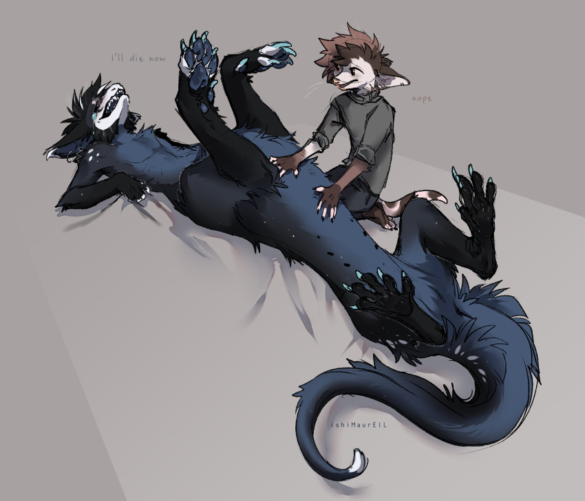 anthro digital_drawing_(artwork) digital_media_(artwork) dragon dragon_taur duo fluffy friends fur hair hi_res ishimaurell laugh male male/male opossum_anthro relaxing shaded sketch smile taur teeth tickling tickling_belly