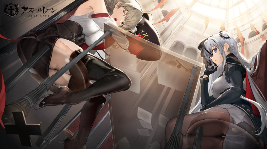 2girls azur_lane bangs bare_shoulders belt black_footwear black_gloves black_headwear black_legwear black_skirt black_sleeves blonde_hair blue_eyes boots braid breast_pocket breasts chair closed_mouth coat coat_on_shoulders commentary_request cross detached_sleeves doll_hug dutch_angle elbing_(azur_lane) from_below gloves grey_coat grey_shirt hair_ornament hand_up hat heterochromia high_heel_boots high_heels highres indoors iron_cross large_breasts loading_screen long_hair looking_at_viewer lutzow_(azur_lane) mini_hat multiple_girls object_hug official_art one_eye_closed open_mouth pantyhose paper pocket red_eyes see-through shio_(oxstl) shirt sidelocks silver_hair sitting skindentation skirt sleeveless sleeveless_shirt table thigh_boots thighhighs two_side_up very_long_hair white_shirt white_skirt white_sleeves