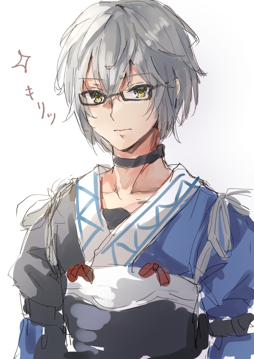 1boy black_choker blush choker closed_mouth collarbone expressionless glasses gradient gradient_background grey_background highres long_sleeves looking_at_viewer male_focus morichika_rinnosuke semi-rimless_eyewear shironeko_yuuki short_hair silver_hair simple_background sketch solo sparkle touhou upper_body yellow_eyes