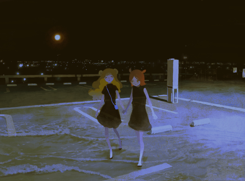 2girls animal_ears azigashimitoru bag bangs black_dress black_footwear blonde_hair blue_bag check_commentary cityscape closed_eyes commentary_request dress full_body full_moon handbag highres holding_hands horns horse_ears long_hair medium_hair moon multiple_girls night orange_eyes orange_hair original parking_lot parted_bangs scenery sheep_horns shoes short_sleeves sleeveless walking water wide_shot