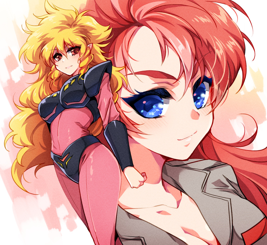 2girls blonde_hair breasts brown_eyes brown_jacket choujuu_kishin_dancouga cleavage collarbone crossover dancouga dancouga_(series) drill_locks hair_behind_ear highres iczer-1 iczer_(series) jacket long_hair medium_breasts multiple_girls pilot_suit pointy_ears red_hair shapiro smile tatakae!!_iczer-1 v-shaped_eyebrows voice_actor_connection yamamoto_yuriko