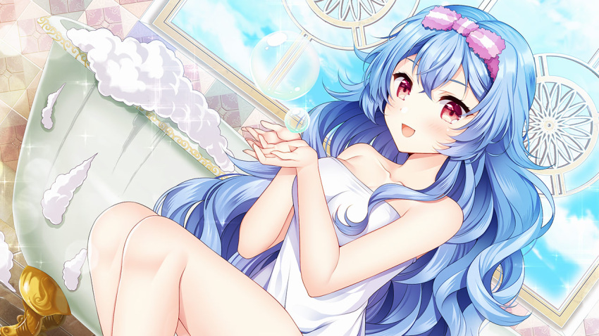 1girl :d agekichi_(heart_shape) artist_request artwhirl_mahou_gakuen_no_otome-tachi bangs bare_arms bathtub blue_hair blush breasts cleavage collarbone dutch_angle game_cg hair_between_eyes hair_over_shoulder long_hair medium_breasts naked_towel red_eyes shiny shiny_hair silvia_(artwhirl) sitting smile soap solo towel very_long_hair