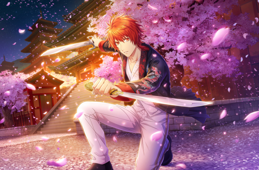 1boy architecture black_footwear black_jacket building checkered_clothes cherry_blossoms collarbone dragon_print dual_wielding earrings east_asian_architecture falling_petals game_cg highres holding holding_sword holding_weapon ittoki_otoya jacket jewelry light_particles looking_at_viewer night night_sky official_art one_knee outdoors outstretched_arm pants parted_lips petals red_eyes red_hair serious shirt short_hair short_sword single_earring sky stairs stone_floor sword tassel tassel_earrings third-party_source tree uta_no_prince-sama uta_no_prince-sama:_shining_live v-neck weapon white_pants white_shirt