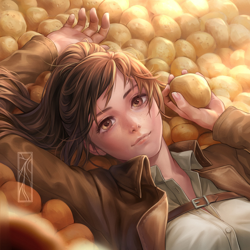 1girl absurdres blurry blurry_foreground brown_eyes brown_hair brown_jacket buckle closed_mouth collared_jacket collared_shirt dress_shirt food freckles highres holding holding_food jacket kotikomori long_hair long_sleeves looking_at_viewer open_clothes open_jacket ponytail potato sasha_braus shingeki_no_kyojin shirt smile solo upper_body white_shirt wing_collar