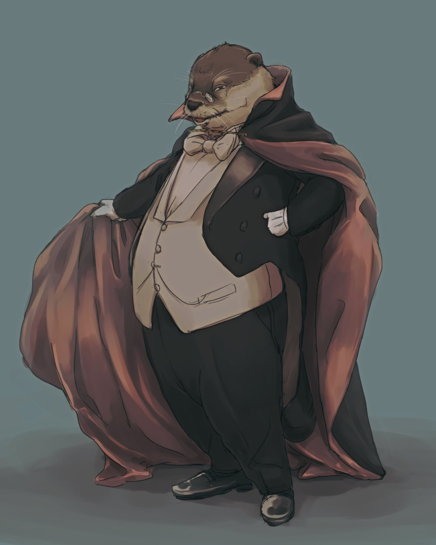 2022 anthro bottomwear bow_tie brown_body brown_fur cape clothing eyewear fur glasses gloves handwear hi_res humanoid_hands lutrine male mammal mature_male mustelid overweight overweight_male pants pesrev shirt simple_background solo suit topwear