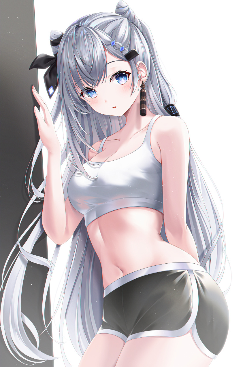 1girl absurdres arm_behind_back bangs bare_arms black_ribbon black_shorts blue_eyes blush breasts cowboy_shot dolphin_shorts earrings eyebrows_visible_through_hair grey_hair hair_cones hair_ribbon hand_up highres hololive jewelry long_hair looking_at_viewer medium_breasts navel parted_lips ribbon riri_yo short_shorts shorts solo sports_bra standing stomach very_long_hair vestia_zeta virtual_youtuber white_sports_bra